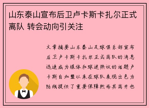 山东泰山宣布后卫卢卡斯卡扎尔正式离队 转会动向引关注